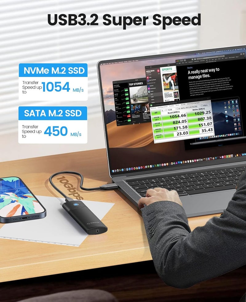 Orico M.2 NVMe SATA SSD Enclosure Adapter Tool-Free, USB C 3.2 Gen 2 10Gbps NVMe, 5Gbps NGFF SATA PCIe M-Key(B+M Key) 2230/2242/2260/2280, Aluminum External M2 Reader Support UASP Trim- BK(G2A) - Image 2